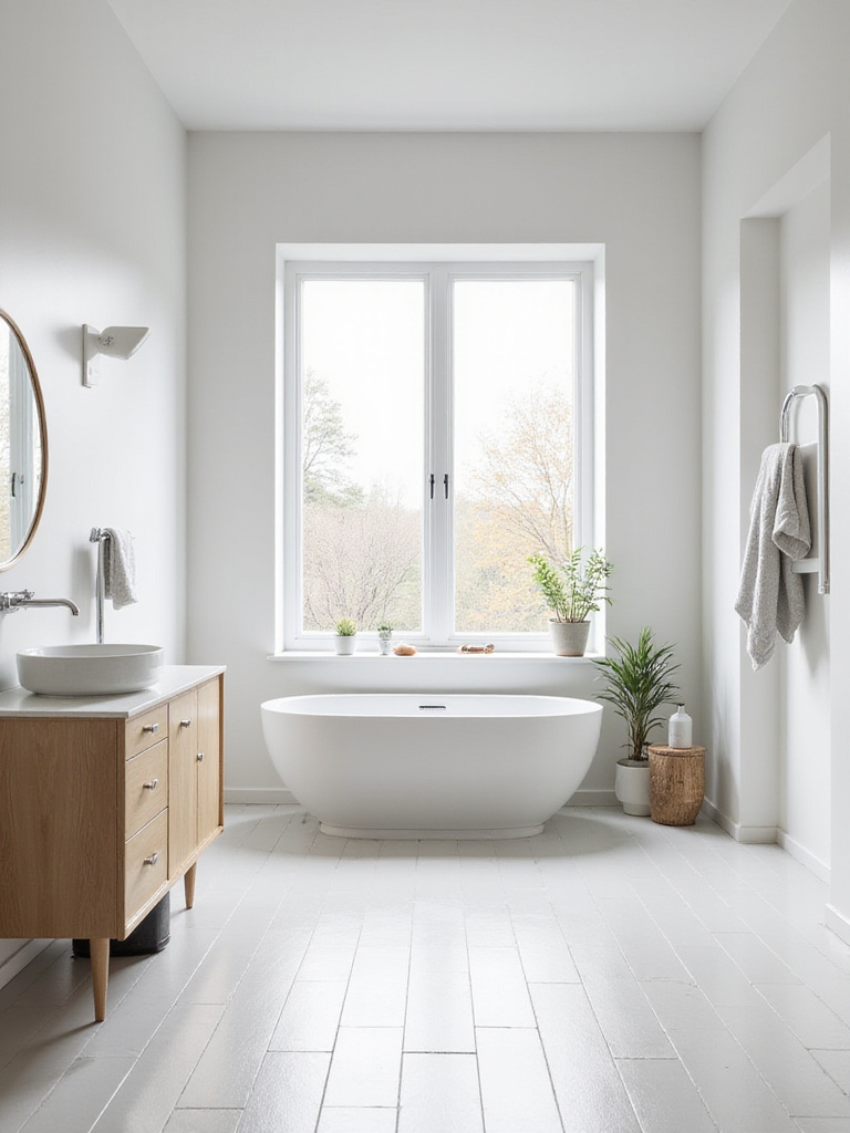 Light and airy Scandinavian bathroom design with white walls, light wood accents, and a freestanding bathtub.