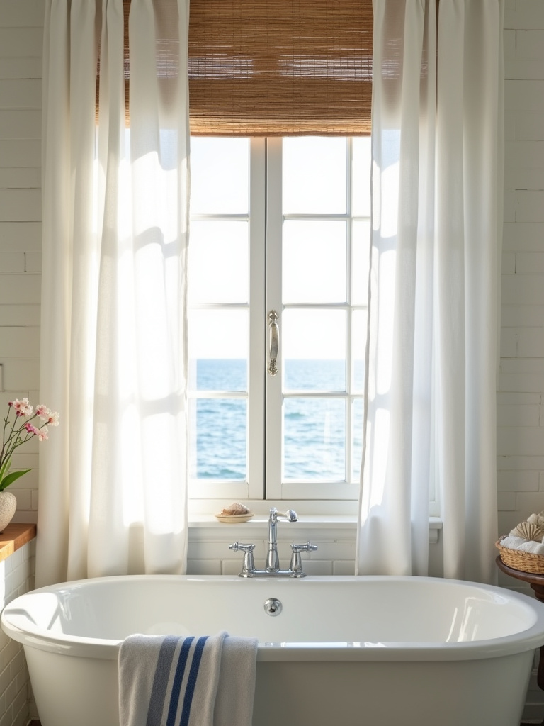 Coastal bathroom with sheer curtains and woven wood blinds