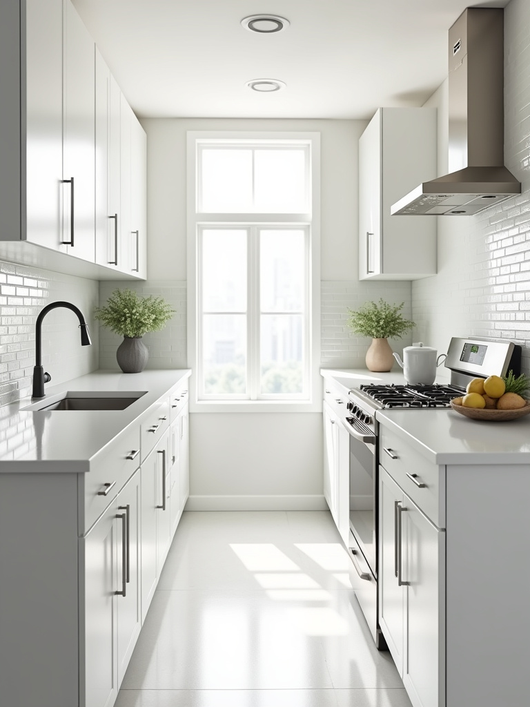 Small kitchen design with white cabinets and light colors to maximize space and light.