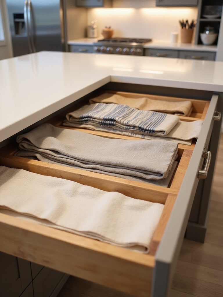 Organized kitchen island drawer with neatly folded napkins and rolled placemats