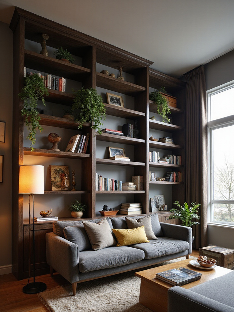 Living room with floor-to-ceiling bookshelves maximizing vertical space.