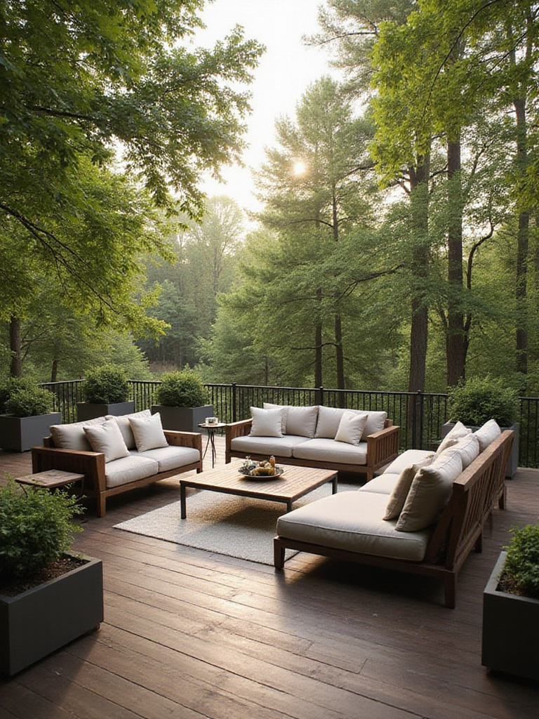 Luxurious and comfortable deep seating arrangement on a wooden deck surrounded by greenery.