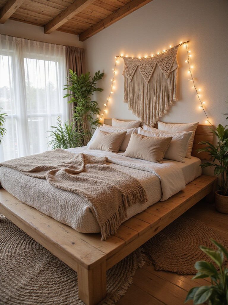 Boho bedroom with low platform bed, layered textiles, and natural decor