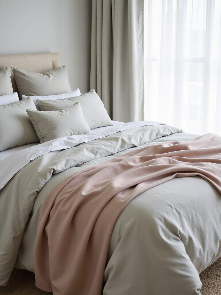 Luxurious bedroom with layered linen duvet, silk throw, and plush pillows.
