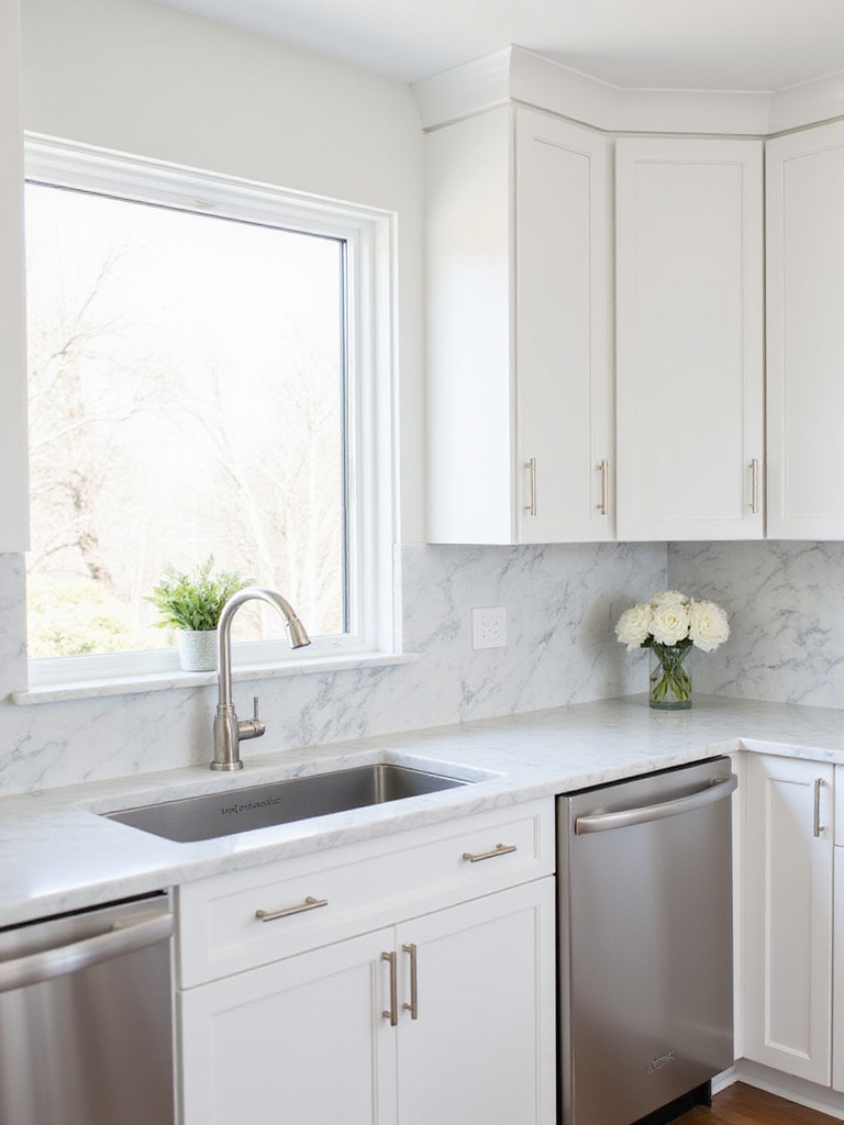 Elegant kitchen with Carrara marble countertops and backsplash.