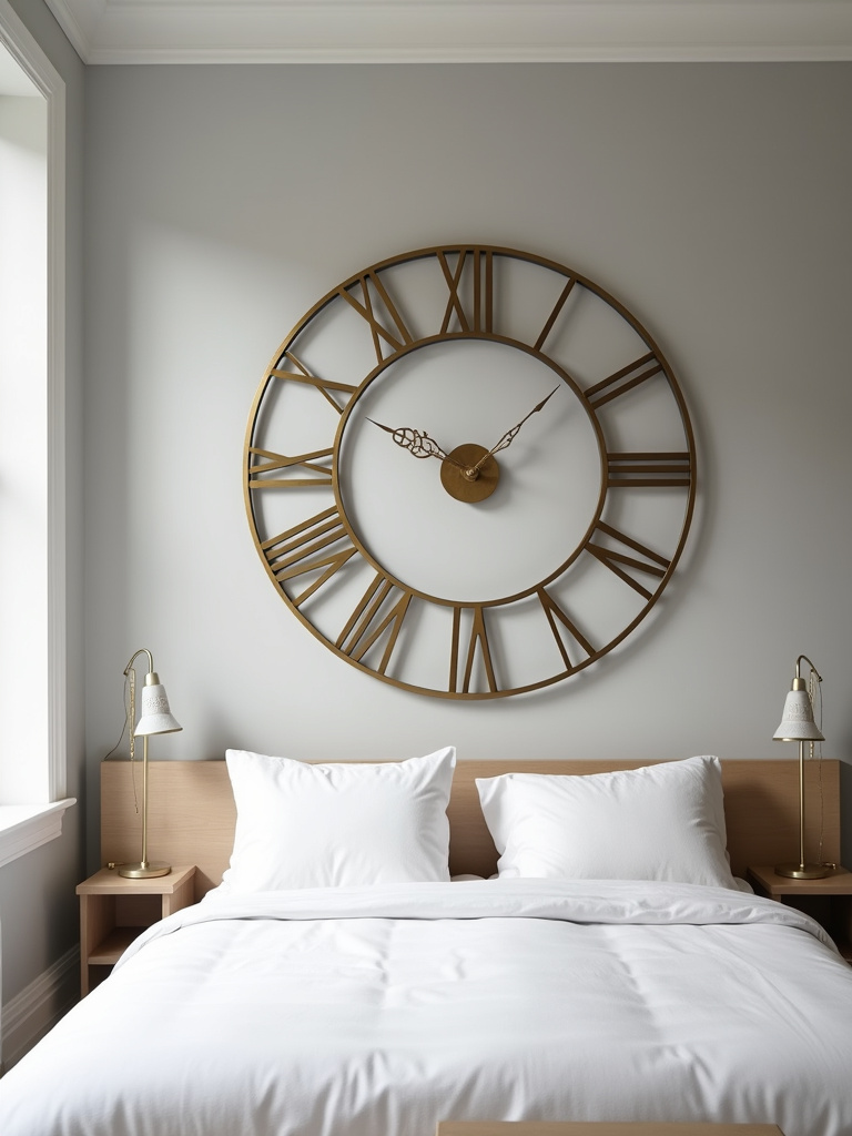 Oversized Roman numeral clock on gray bedroom wall