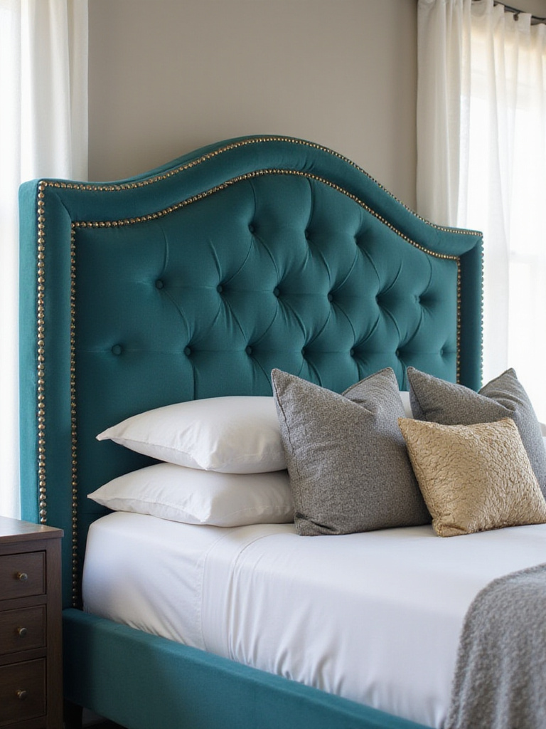 Luxurious bedroom with a bold teal velvet headboard