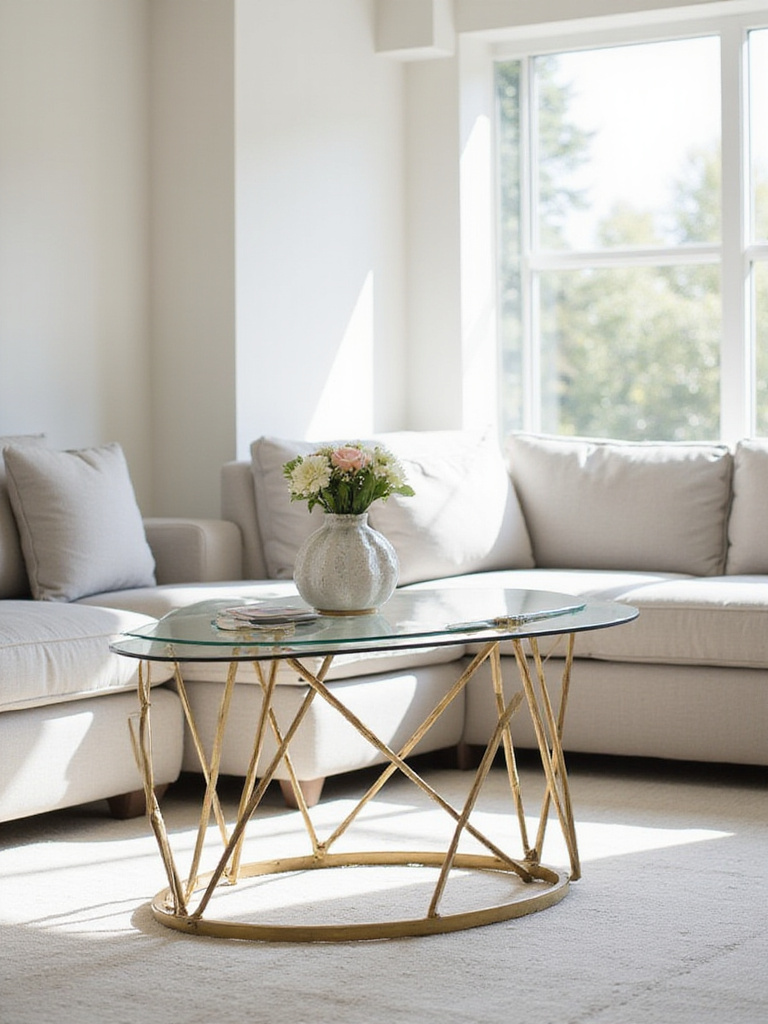Geometric glass and brass coffee table in a modern living room