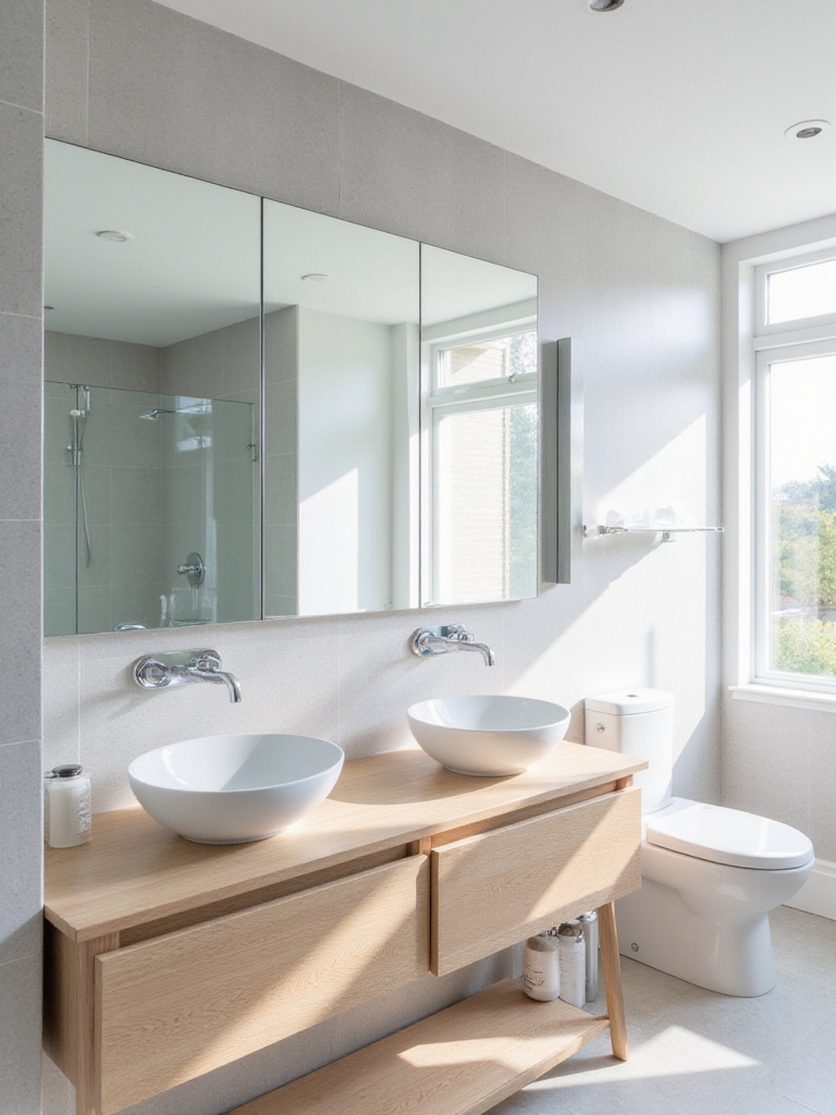 Modern bathroom featuring a large frameless mirror above a double vanity.