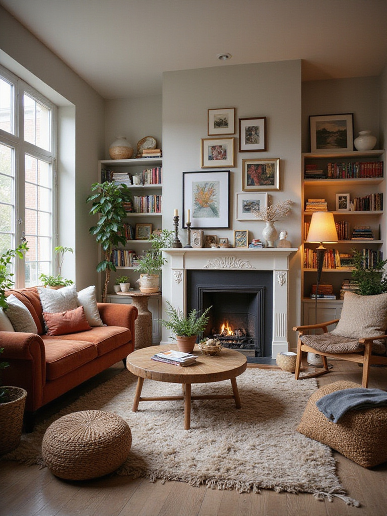 Personalized living room layout with gallery wall, bookshelves, and comfortable furniture.
