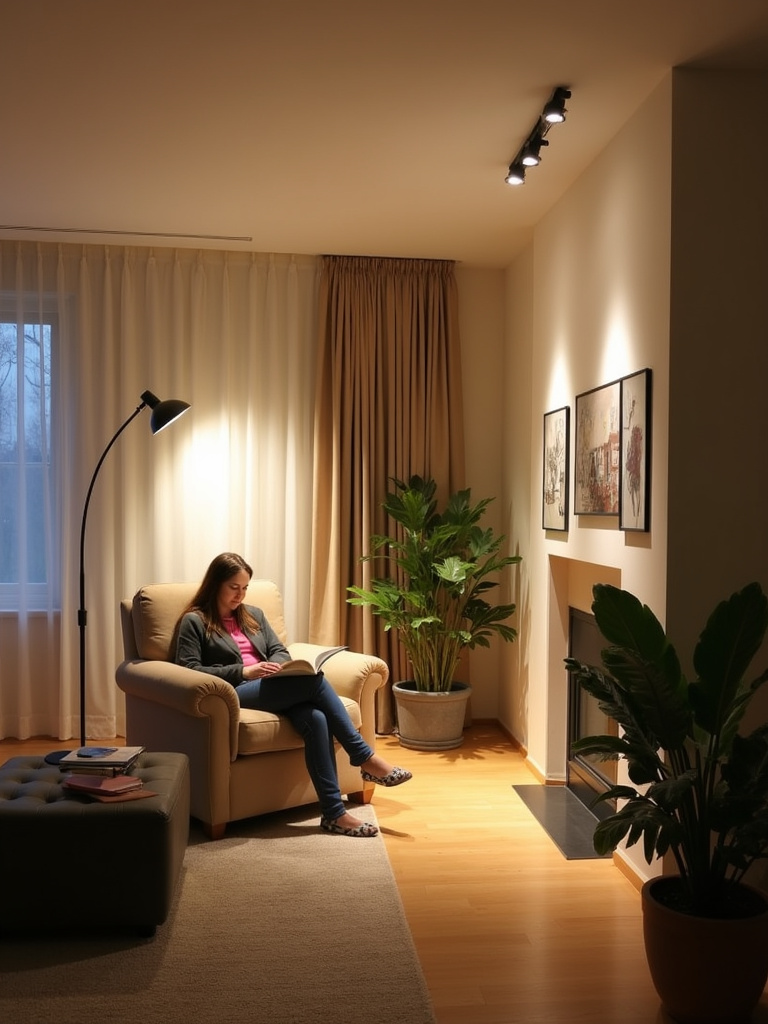Living room with layered lighting: ambient, task, and accent lights create a balanced and inviting space.