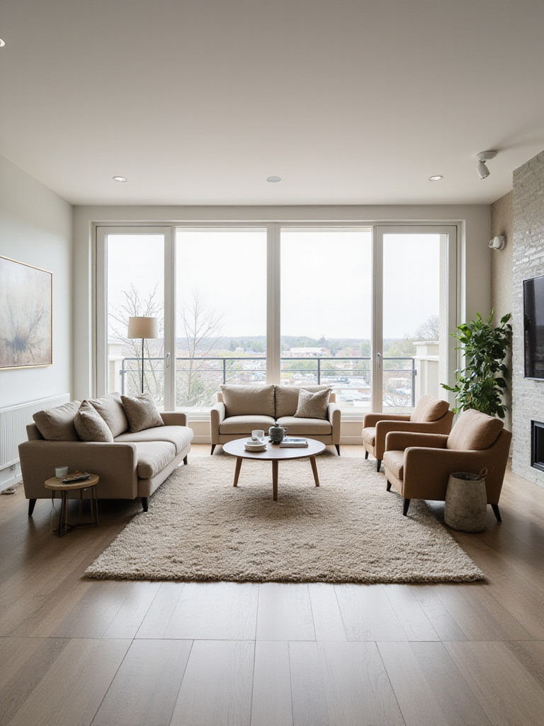 Living room furniture arranged to promote smooth and efficient traffic flow.