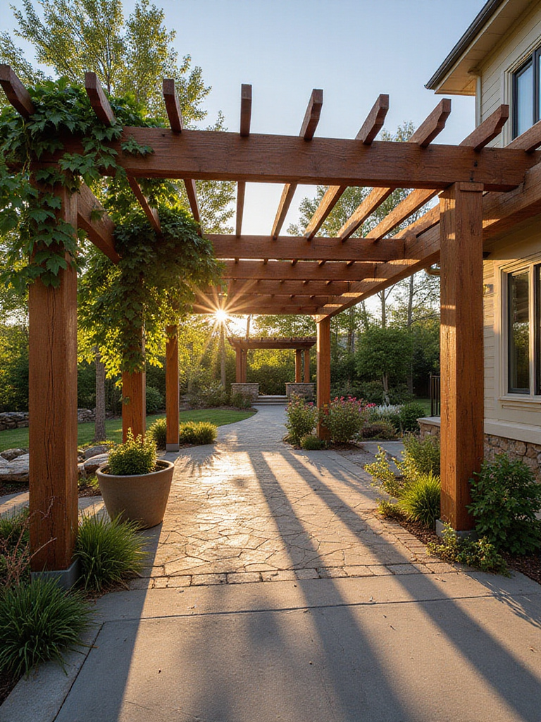 Different pergola materials (wood, aluminum, vinyl) showcased in various patio settings to illustrate how materials complement different styles.