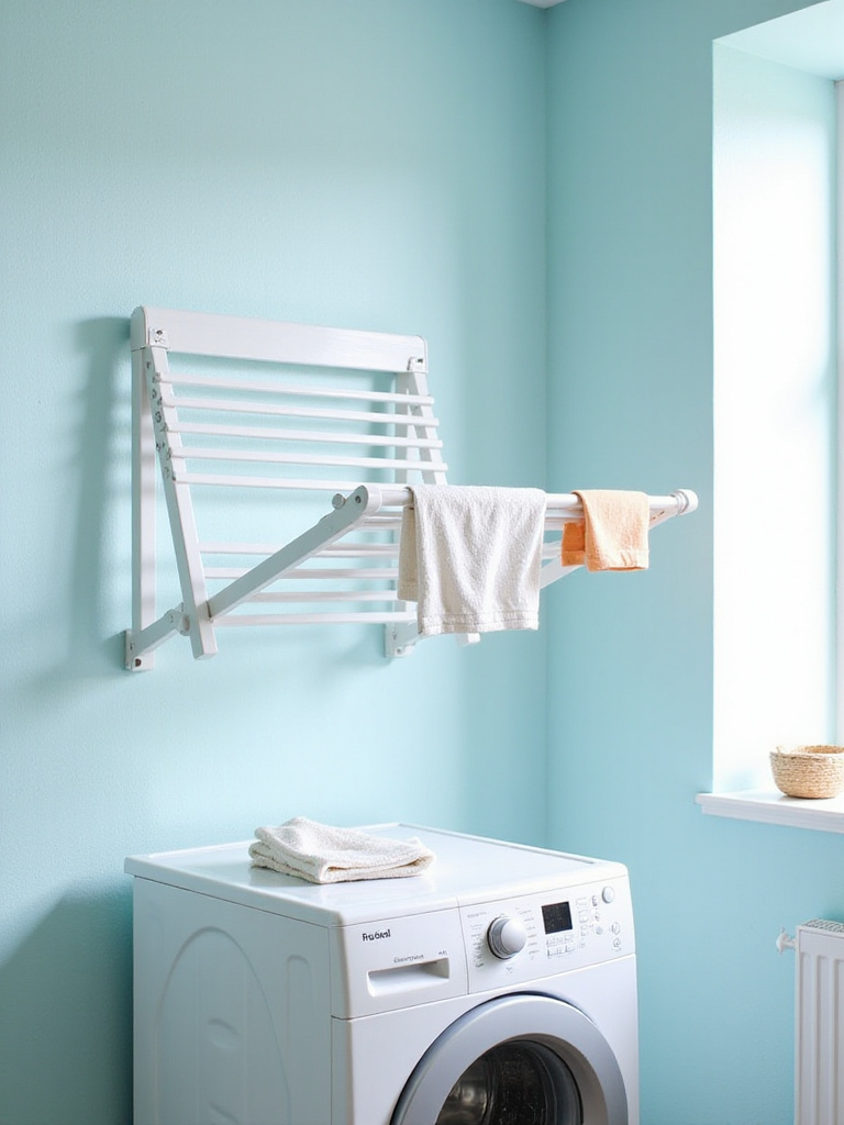 Foldable wall-mounted drying rack installed above washing machine in laundry room.