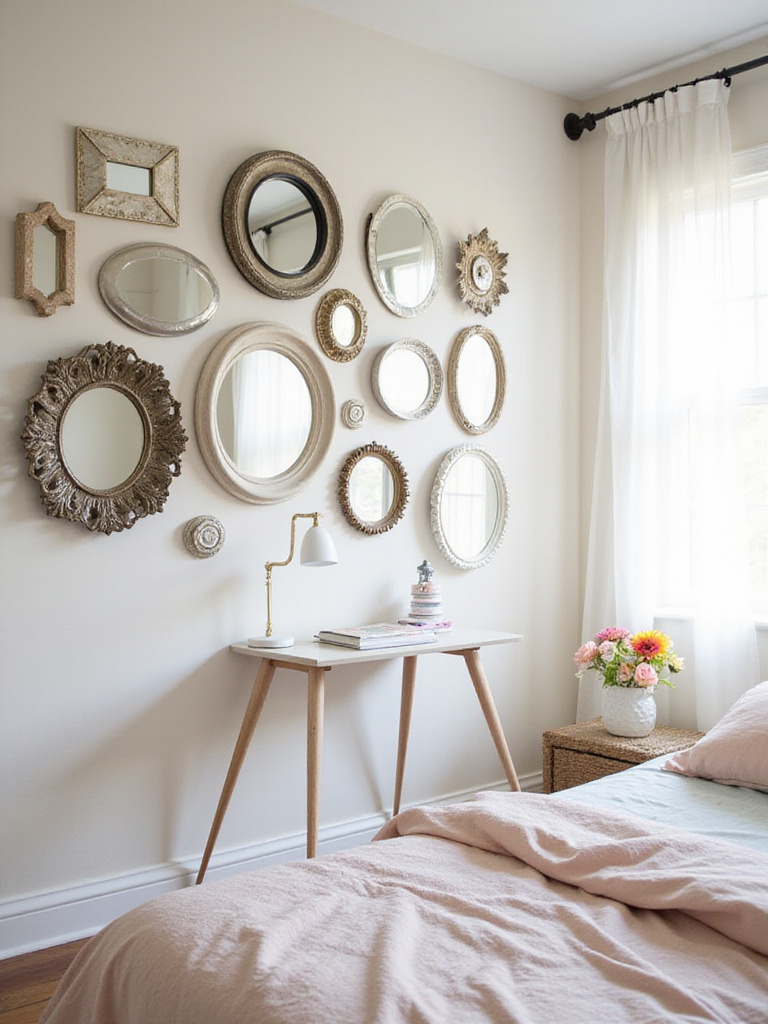 Teen girl's bedroom featuring a gallery wall of decorative mirrors to maximize light and space.