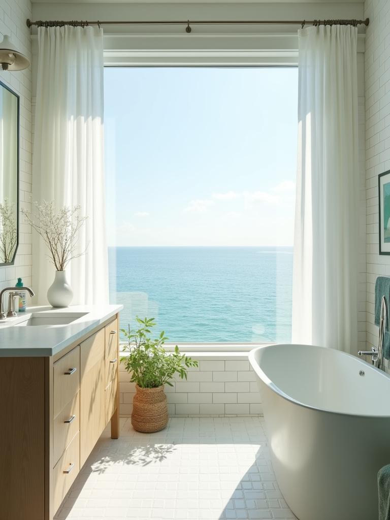 Bright and airy coastal bathroom with large window and ocean view