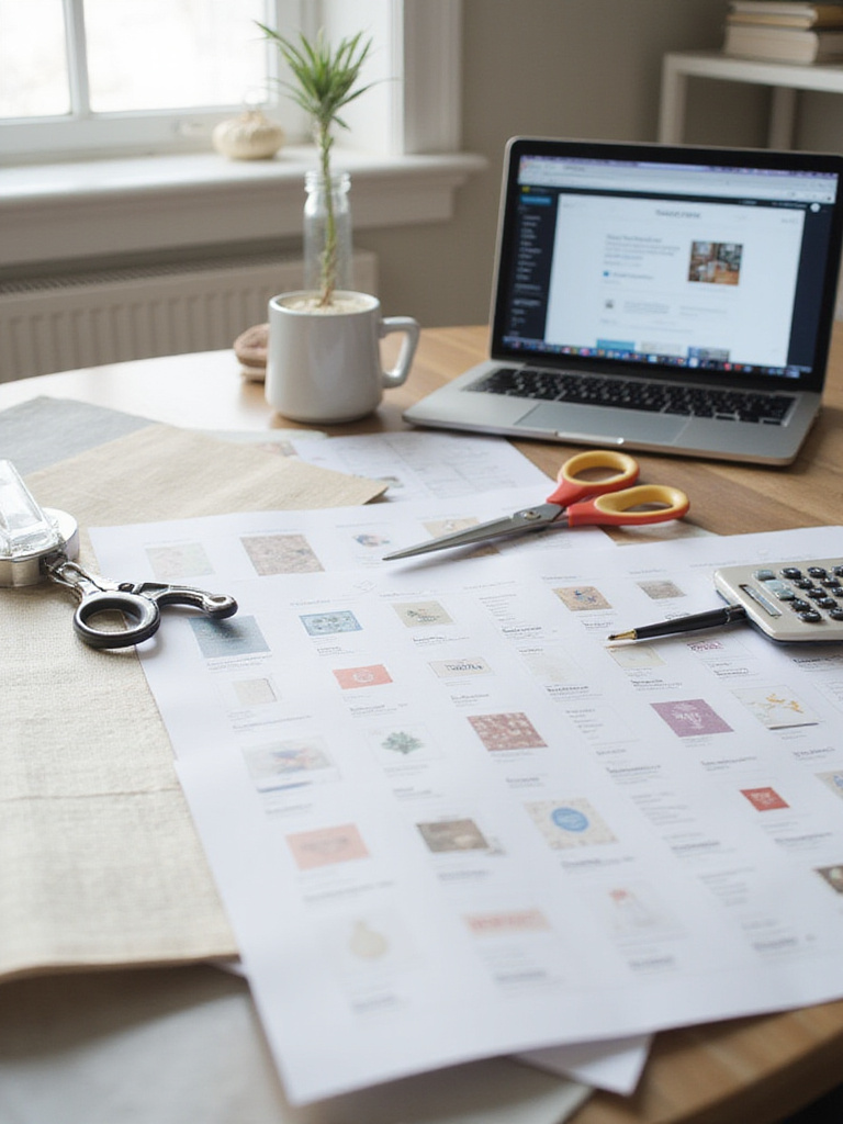 Organized workspace with wallpaper samples, laptop displaying coupon website, and coupon binder, illustrating saving money on wallpaper.