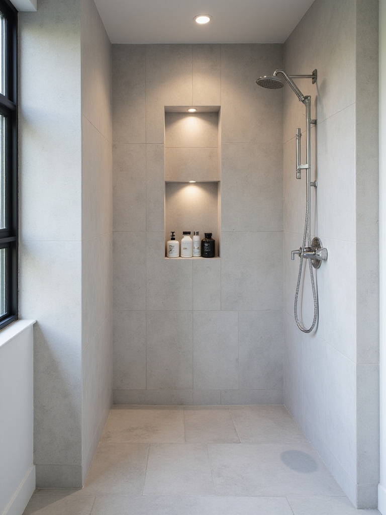 Modern bathroom shower with built-in storage niche