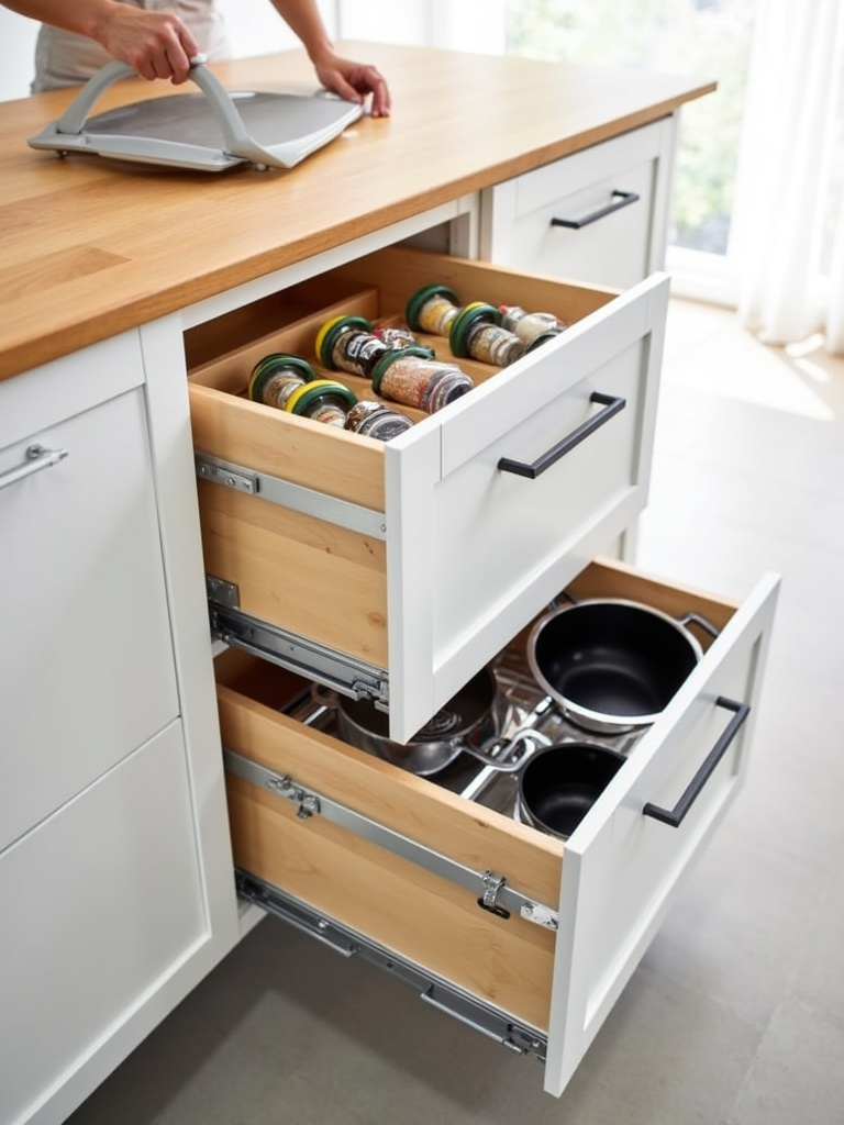Kitchen island with pull-out spice rack, deep drawers, and hidden trash bin to maximize storage.