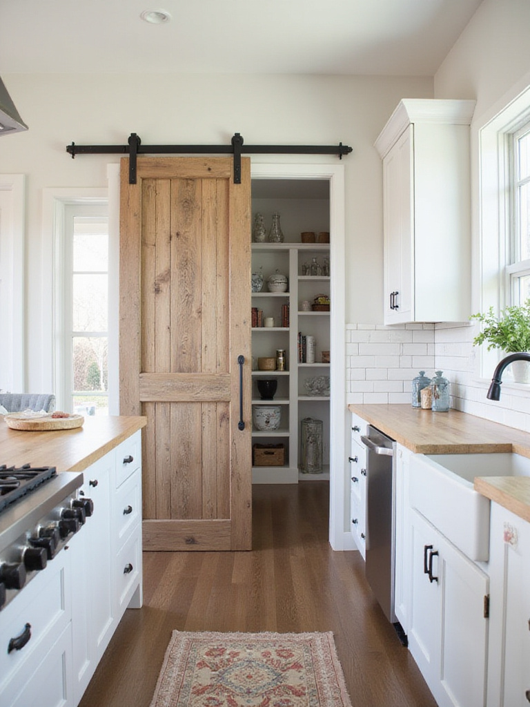 Rustic reclaimed wood barn door concealing a pantry in a farmhouse kitchen.