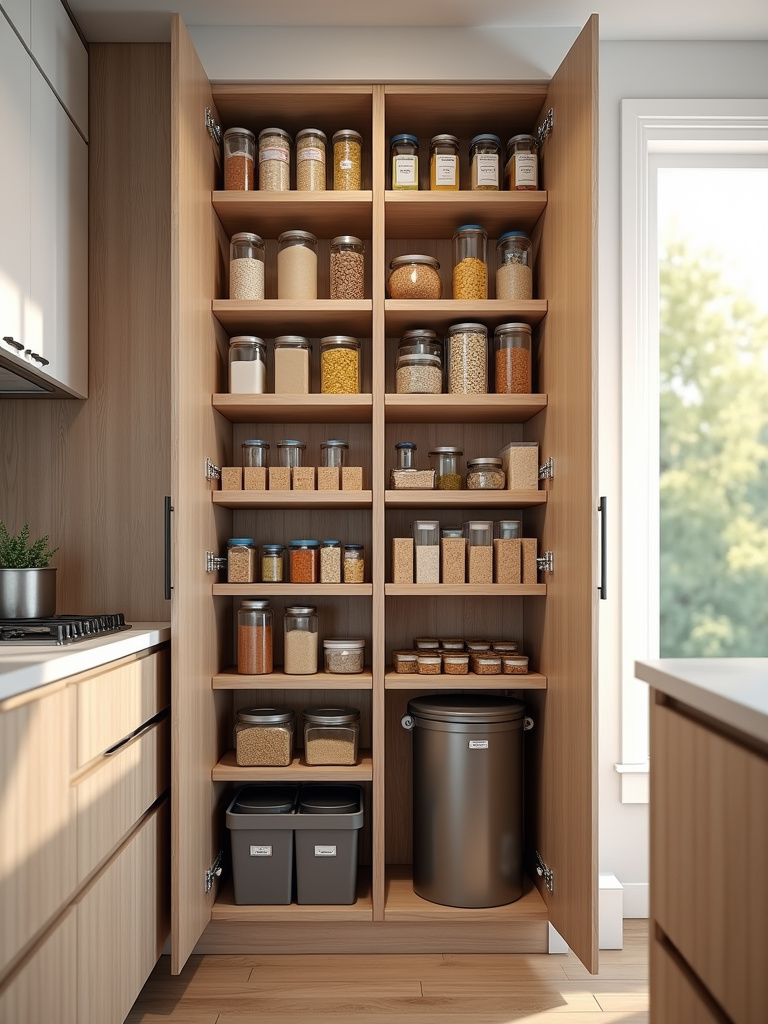 Contemporary kitchen pantry with pull-out shelves and organizers for maximizing storage.