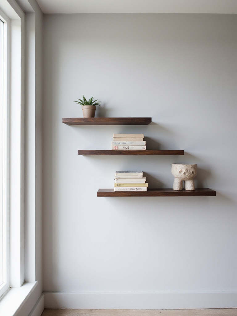 Modern living room with dark walnut floating wall shelves displaying books, plants, and sculpture.