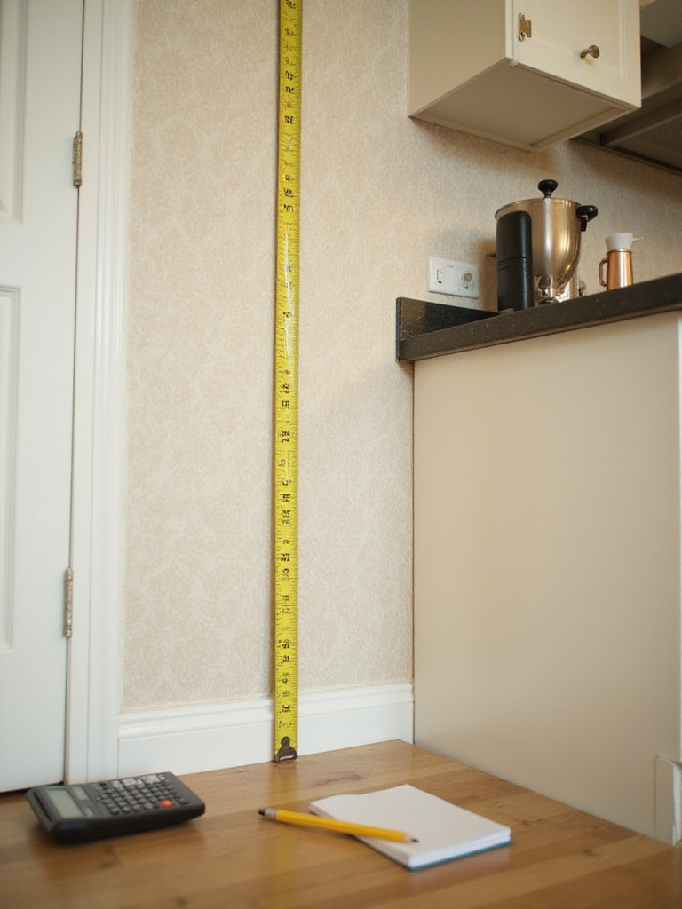 Kitchen corner showcasing accurate wallpaper measurement with measuring tape, notepad, and calculator.