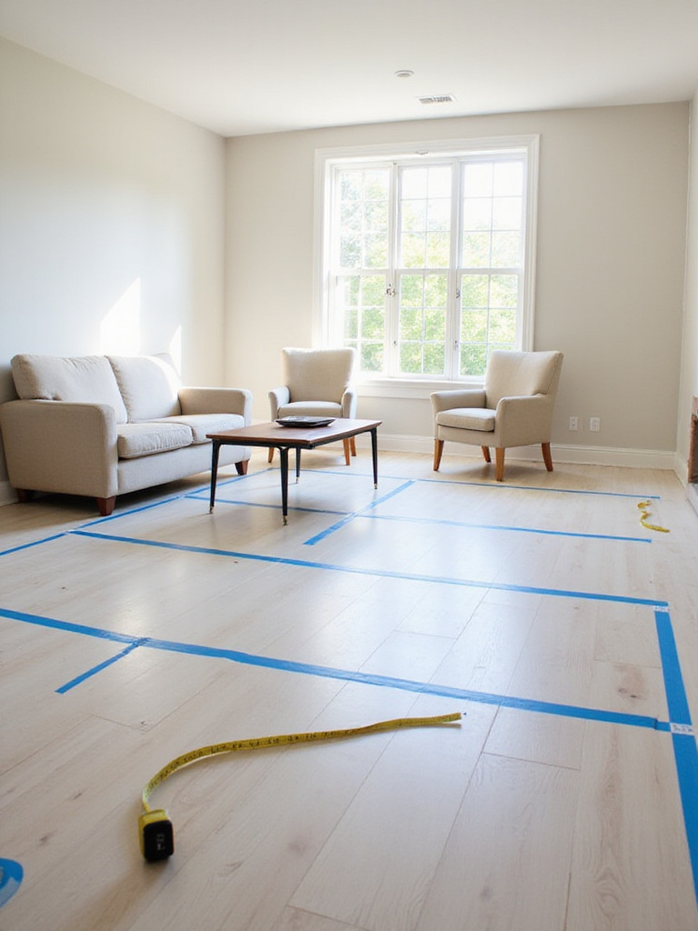Living room with painter's tape marking furniture placement on the floor, emphasizing pre-purchase planning.