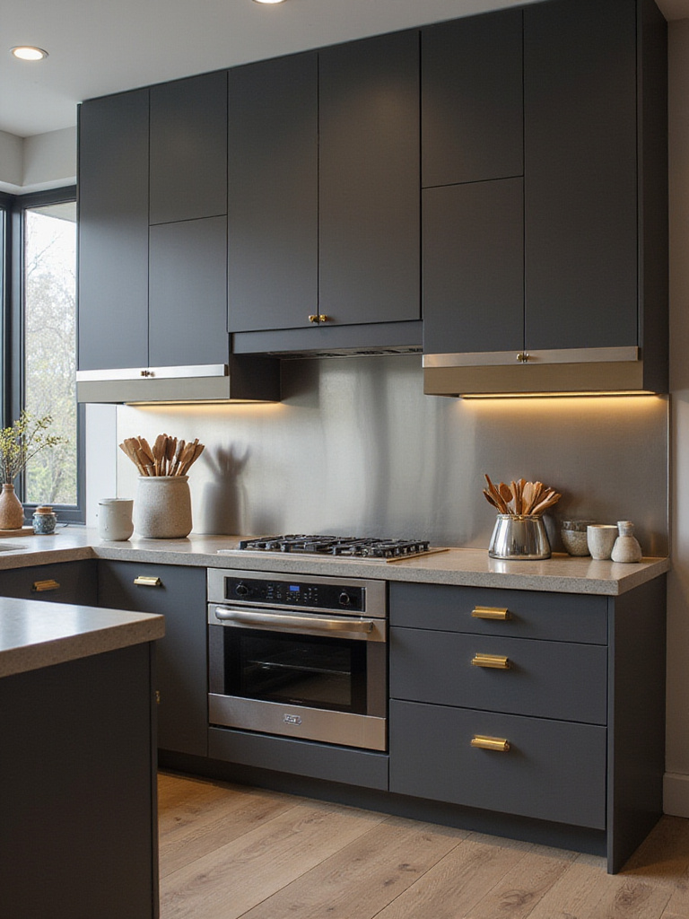 Contemporary kitchen with dark gray cabinets and stainless steel inlays
