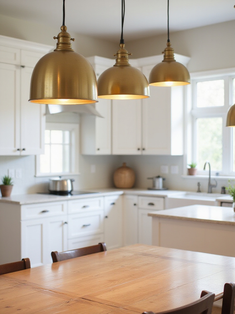 Brushed brass pendant lights over a wooden dining table in a modern kitchen.