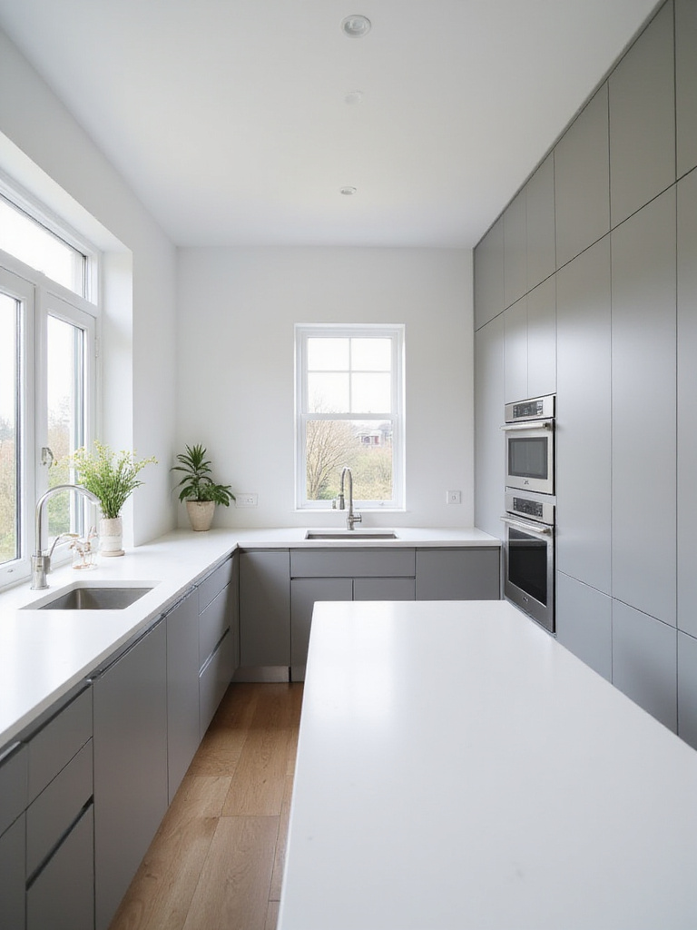 Modern minimalist kitchen with light gray flat-panel cabinets and white quartz countertop.