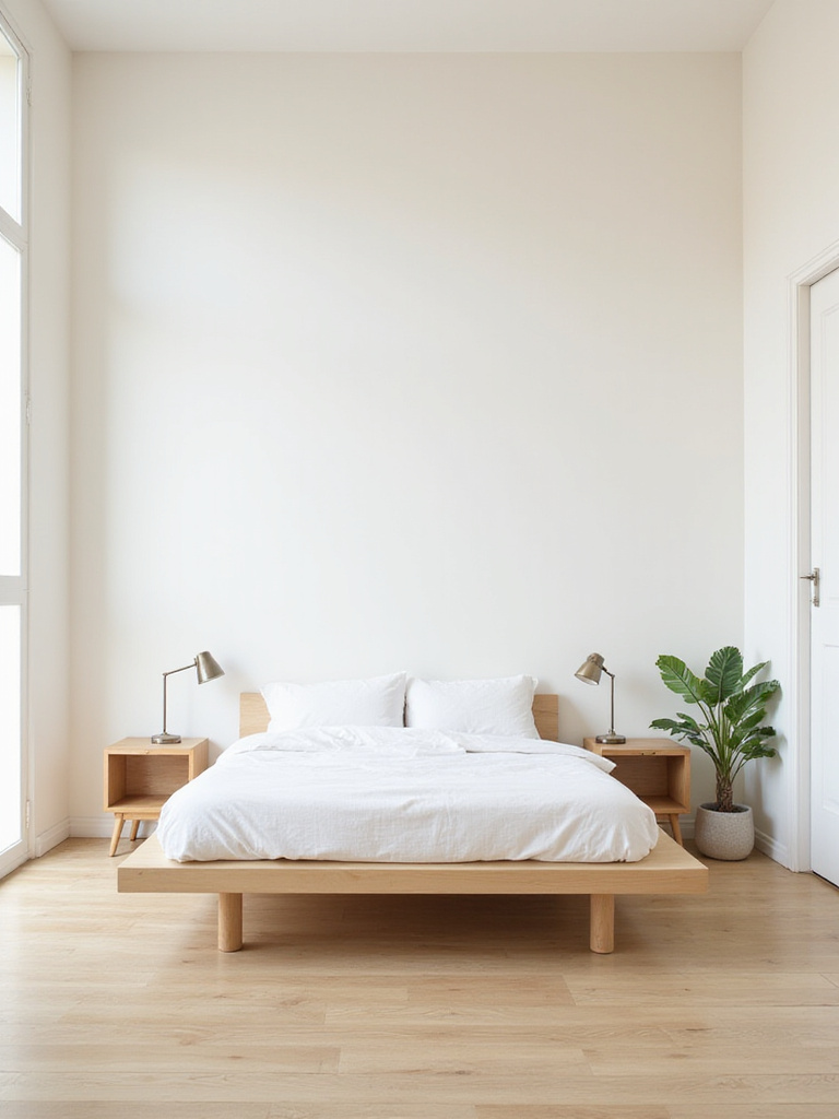 Bright and airy minimalist bedroom with white linens and natural light