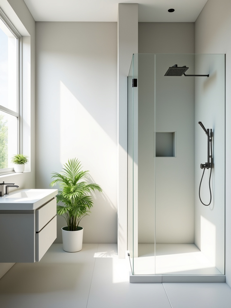 Minimalist bathroom design featuring floating vanity, frameless shower, and neutral color palette