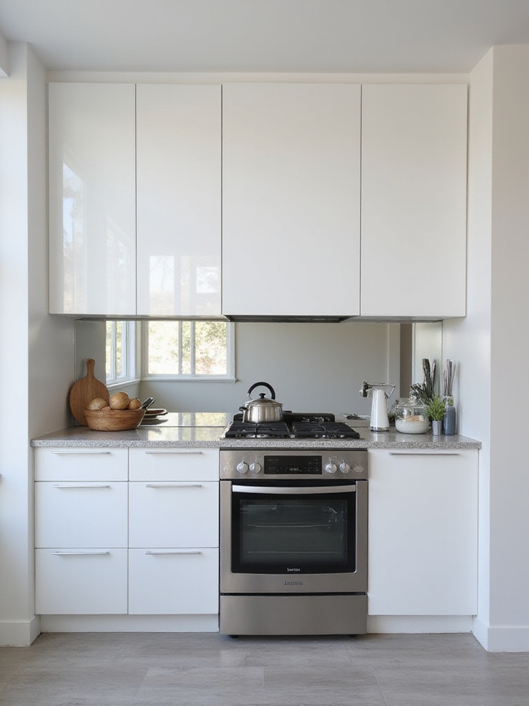 Small kitchen remodel with mirrored backsplash and high-gloss cabinets creating illusion of space.
