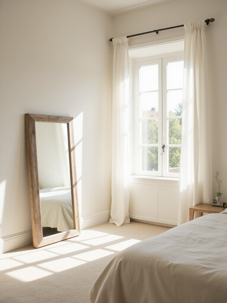 Bright bedroom with large mirror reflecting sunlight and creating spaciousness.
