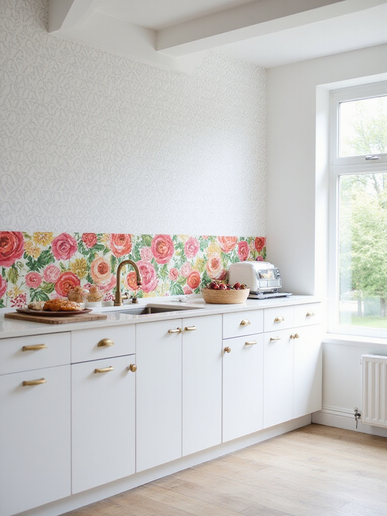 Modern kitchen featuring mixed and matched wallpaper patterns above cabinets and on an accent wall.