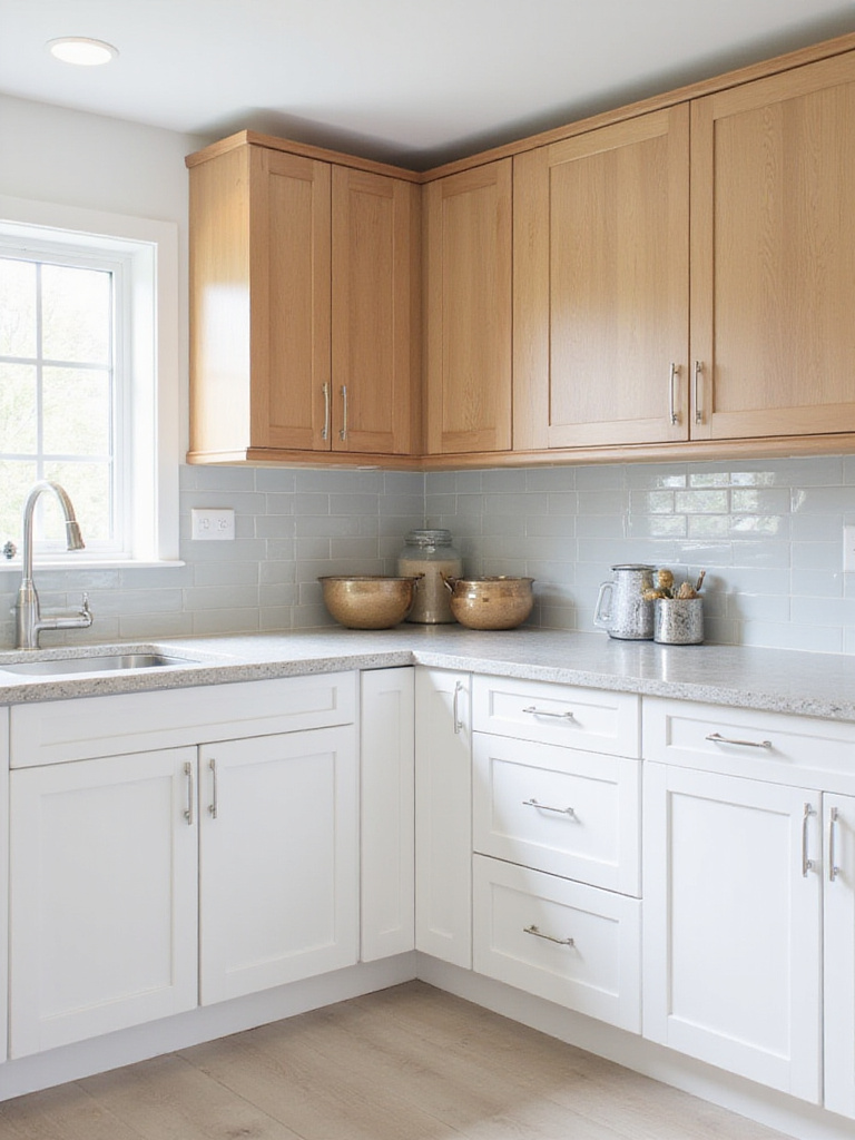Contemporary kitchen with mix-and-match cabinet styles: white shaker base cabinets and wood flat-panel upper cabinets.