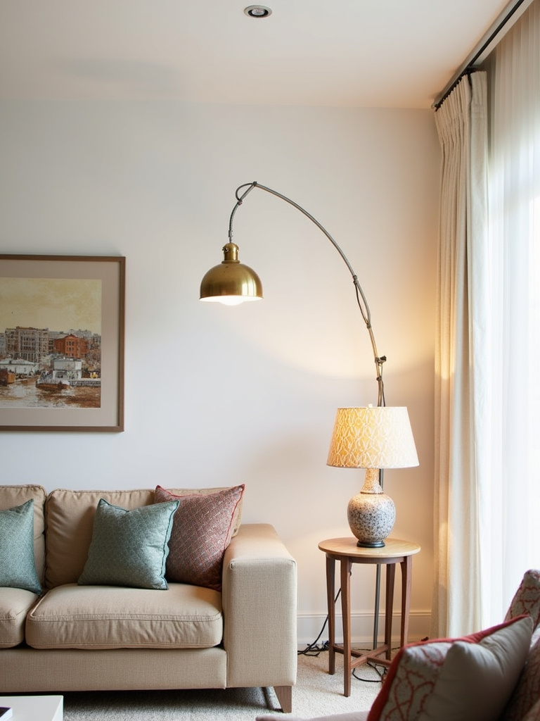 Eclectic living room lighting featuring a mix of modern, vintage, and rustic styles.