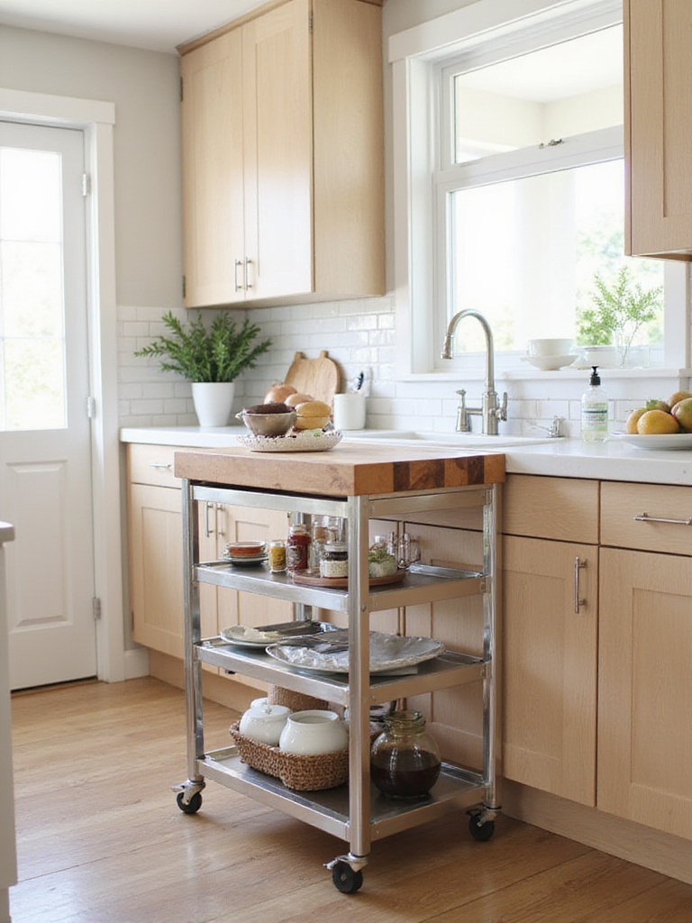 Small kitchen with roll-out cart providing extra counter space