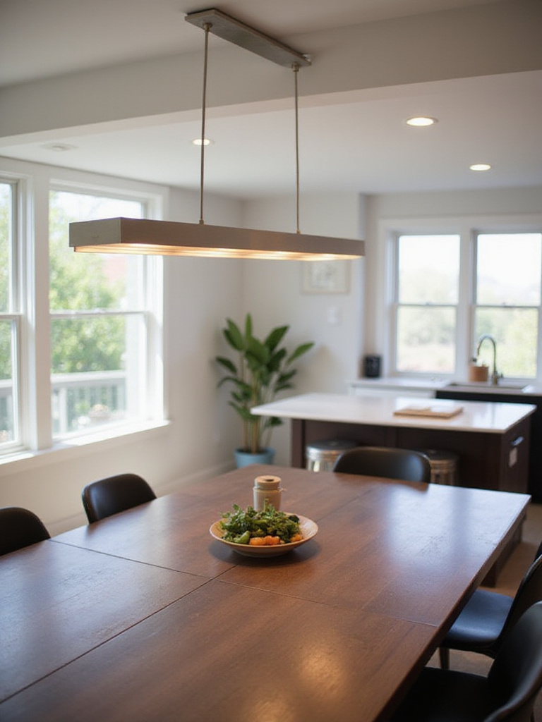 Modern kitchen dining area with linear suspension light above a dark wood table