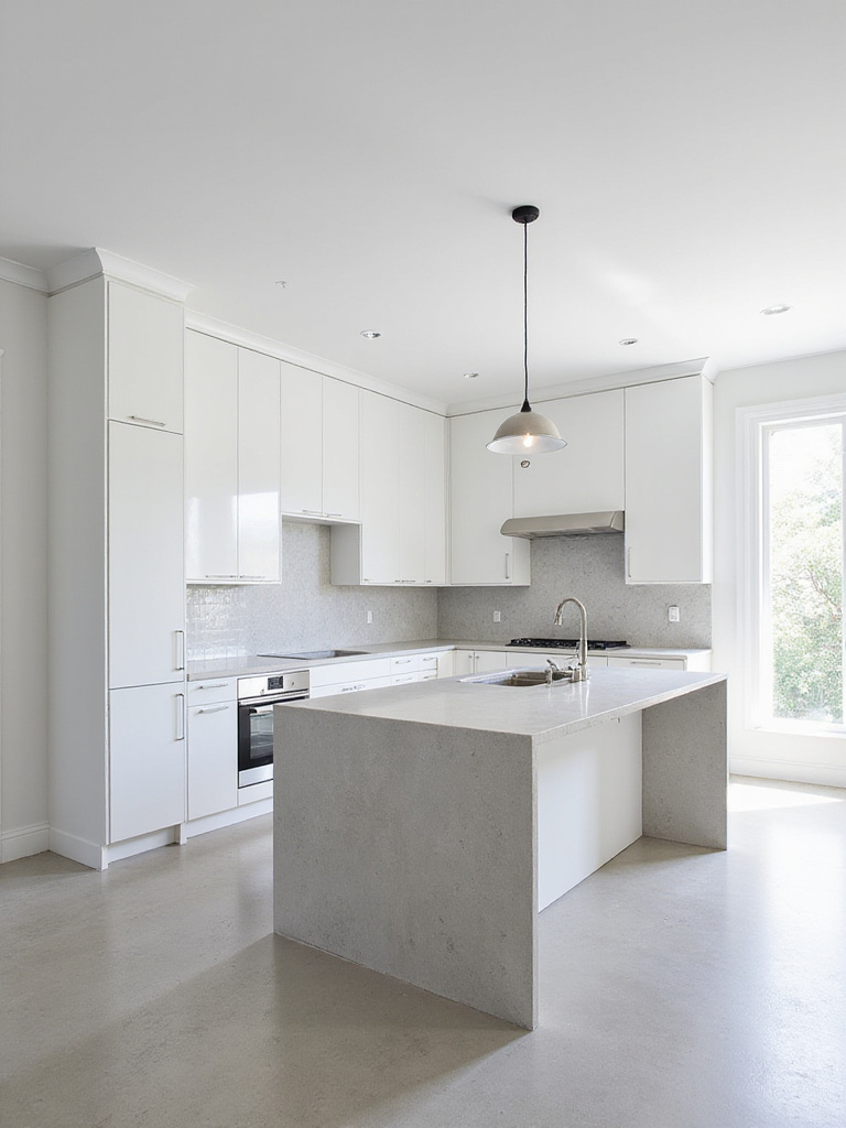 Sleek modern kitchen design with white cabinets and quartz island