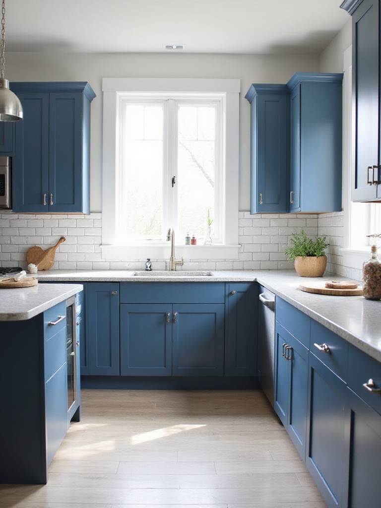 Modern kitchen with matte blue shaker cabinets, light gray quartz countertops, and white subway tile backsplash.