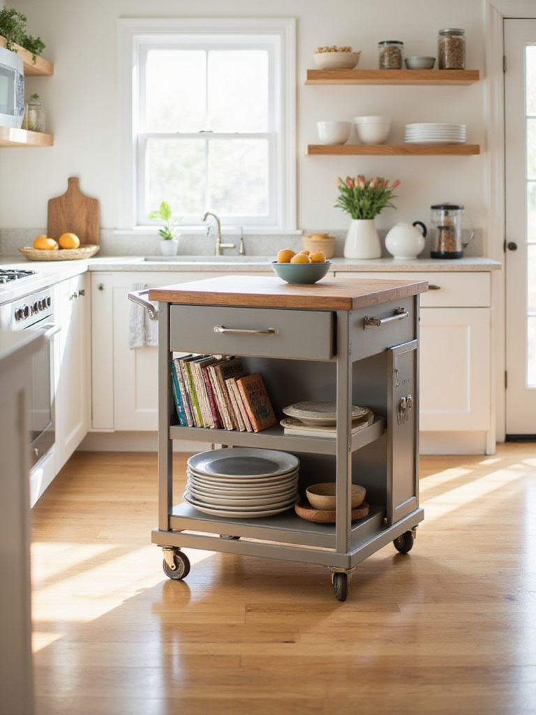 Movable kitchen island cart providing flexible storage and workspace in a modern kitchen.