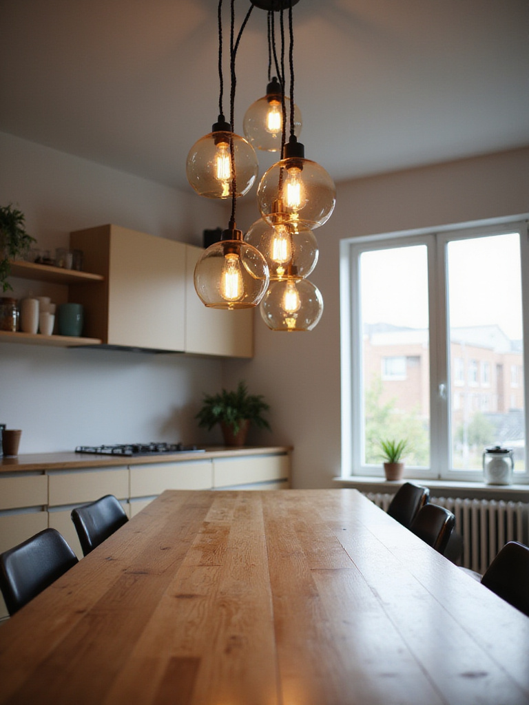 Modern kitchen dining area with multi-pendant lighting over table