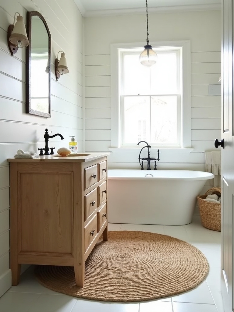 Coastal bathroom with jute rug adding natural texture underfoot
