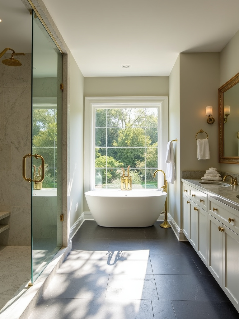 Luxurious bathroom featuring natural stone finishes including travertine walls, slate floor, and marble vanity.