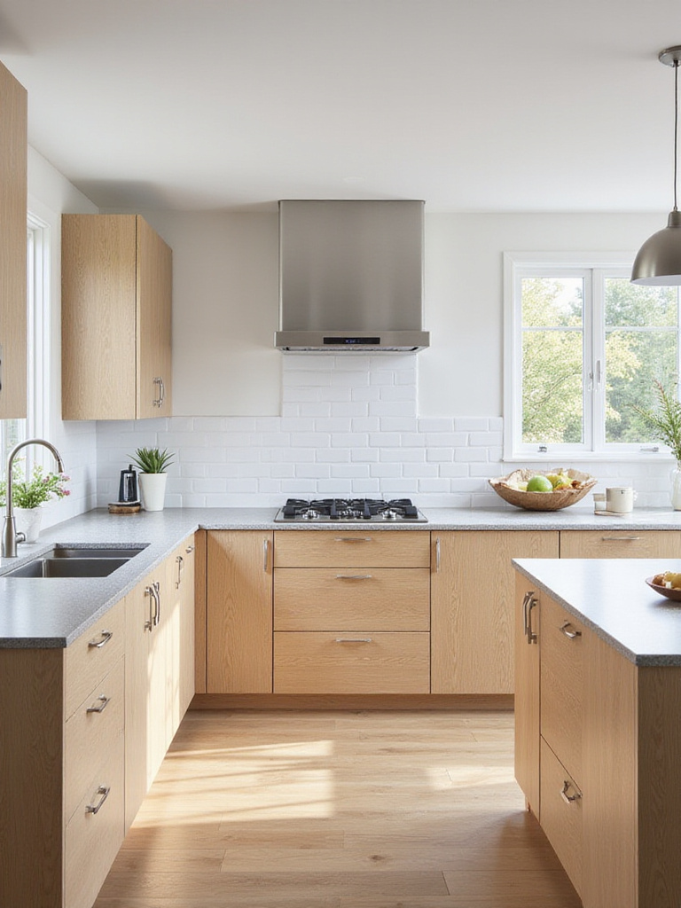 Contemporary kitchen with light oak natural wood cabinets