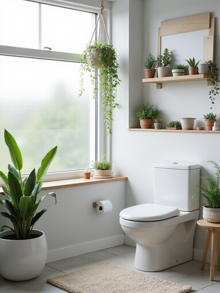 Modern bathroom with lush green plants, creating a spa-like atmosphere.