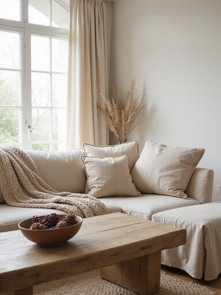 Cozy living room featuring wood, wool, linen and jute textures for a natural and organic feel.