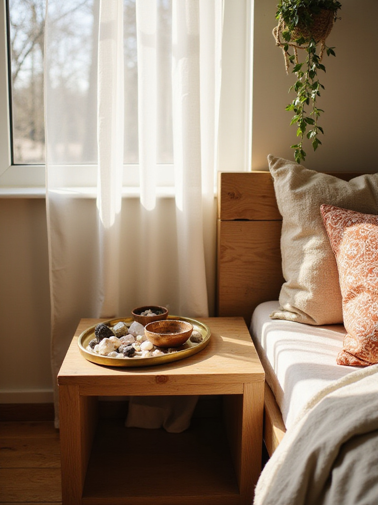 Boho bedroom nightstand with crystals and natural stones displayed for Zen ambiance.